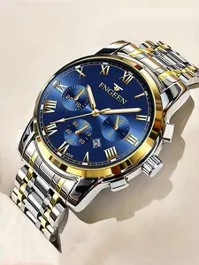 Men's Business Fashion Round Dial Analog Quartz Stainless Steel Watch, Fashion Luminous Calendar Watch for Party, Daily Clothing Decor, Trendy All-match & Exquisite Watch for Birthday Gift with Box