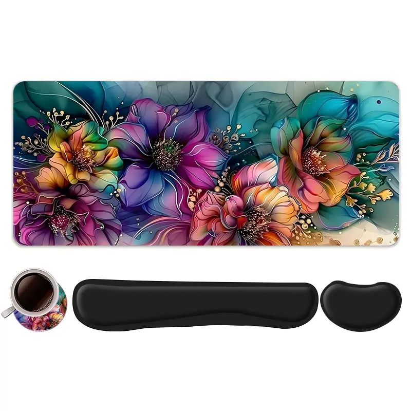 4pcs Colorful Floral Art Design Mouse Pad + Keyboard Wrist Rest + Ergonomic Mouse Pad + Coaster Set For Desktop Decoration, Office Accessories Set Ergonomic Wrist Support, Computer Mat Mouse Pad Coaster Suitable For Home Office Gaming