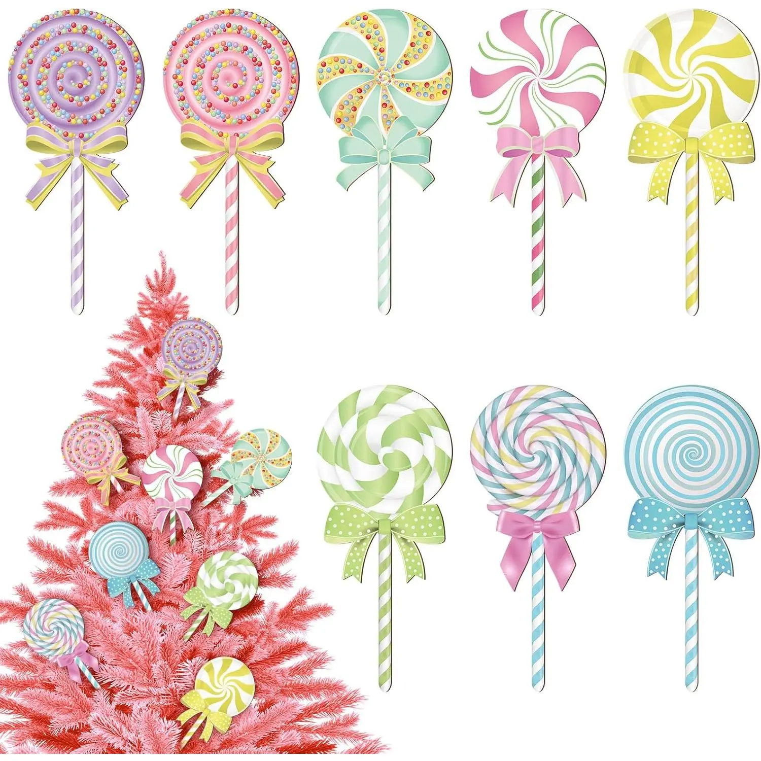 8 Pcs Large Pastel Round Christmas Wooden Lollipop Candy Ornaments - Double-Sided Peppermint Hanging Decor, All Ages Candyland Holiday Decor for Xmas Tree, Festive Home Supplies, Valentines Day