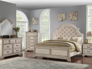 00-1731-4PC 4 pc Anastasia creamy off white finish wood vintage french country cottage upholstered headboard queen bed set
