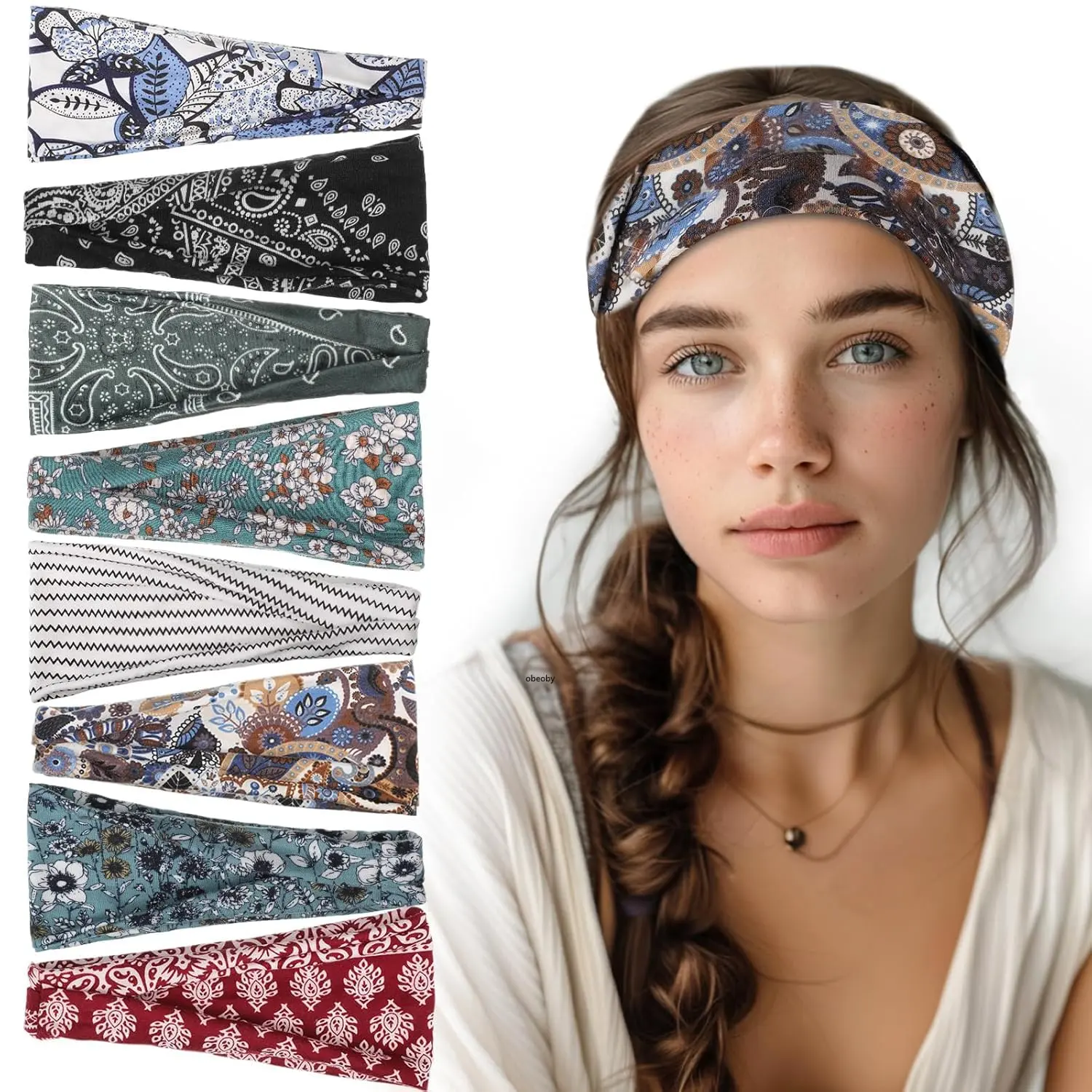 8 Pack Headbands for Women, Boho Style Headbands for Summer Vacation Music Festival Outfits Non Slip Fashion Wide Hairband