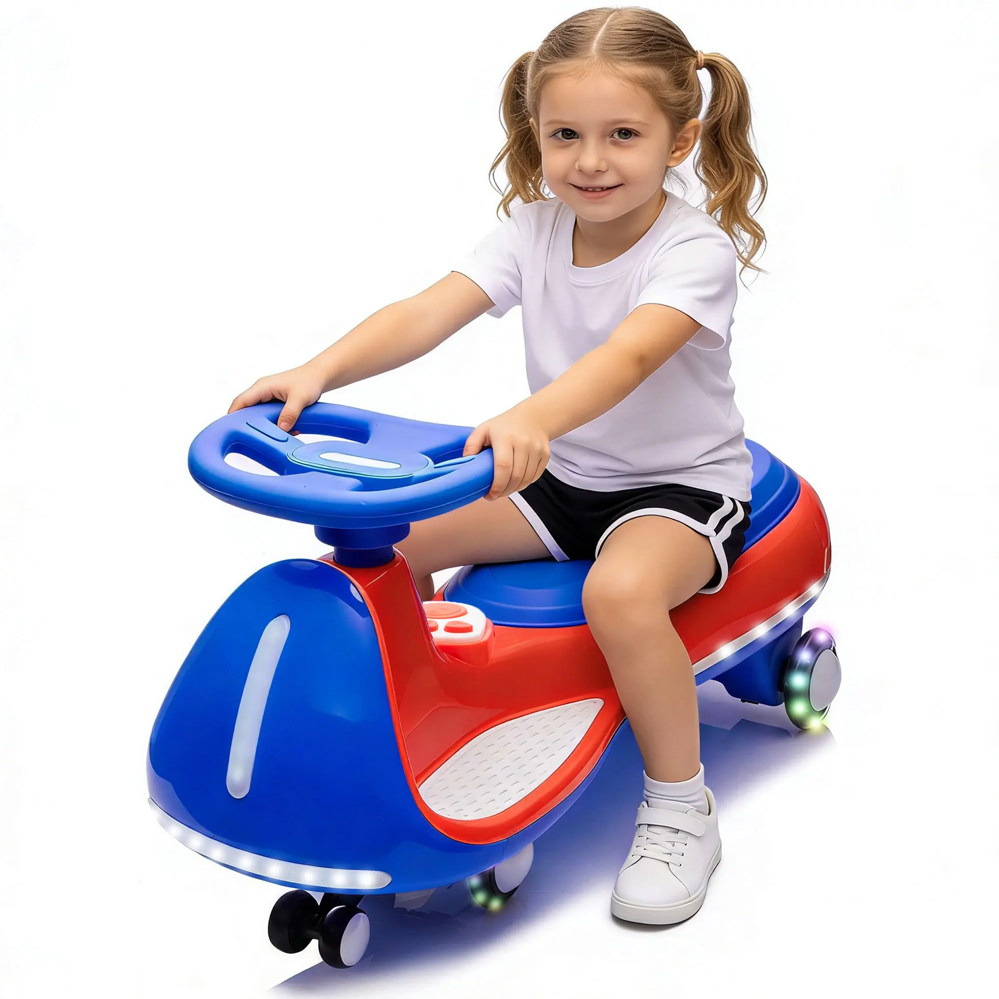 12V Kids Ride On Electric Wiggle Car W/2-in-1 Smart Design,Controllable LED Lights,Flashing PU Wheels&Wide front auxiliary wheels,Triangular Stability Frame,5MPH Max Speed,Bluetooth Music,for Kids 3-8