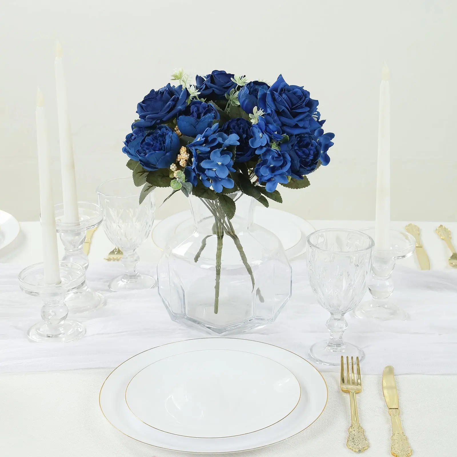 Decorative Artificial Roses Bouquet - 2-Pack Silk Mixed Blooms with Peonies Artificial Flowers & Hydrangea, 12in Navy Blue Floral Decor for Wedding Decor, Home Arrangements, Bloom Bouquet Artificial Flowers