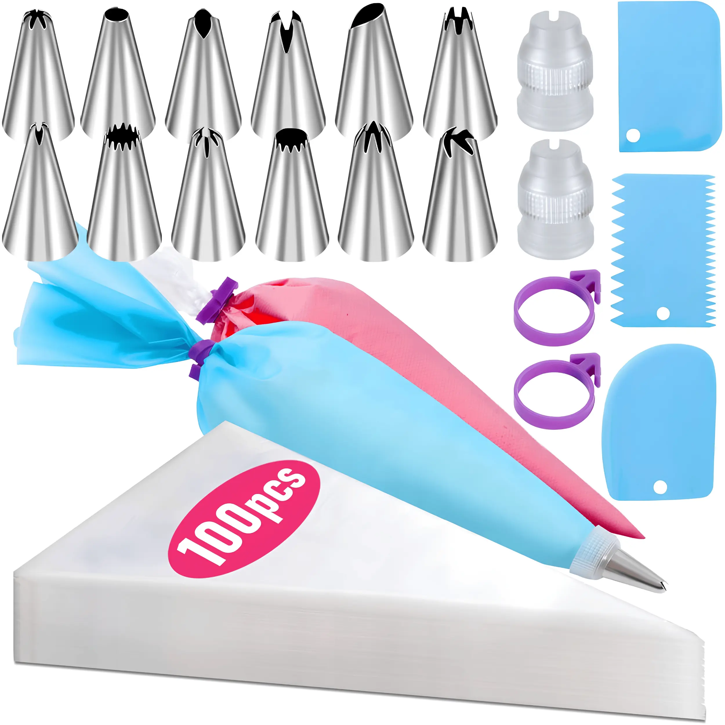 100 Piece Piping Bags & Tips Set 12 Inch Disposable Pastry Bags with Reusable Icing Bag, 12 Frosting Tips, Coupler, Cake Scrapers & Bag Ties, Cake Decorating Kit for Cupcakes, Cookies, Baking & Desserts