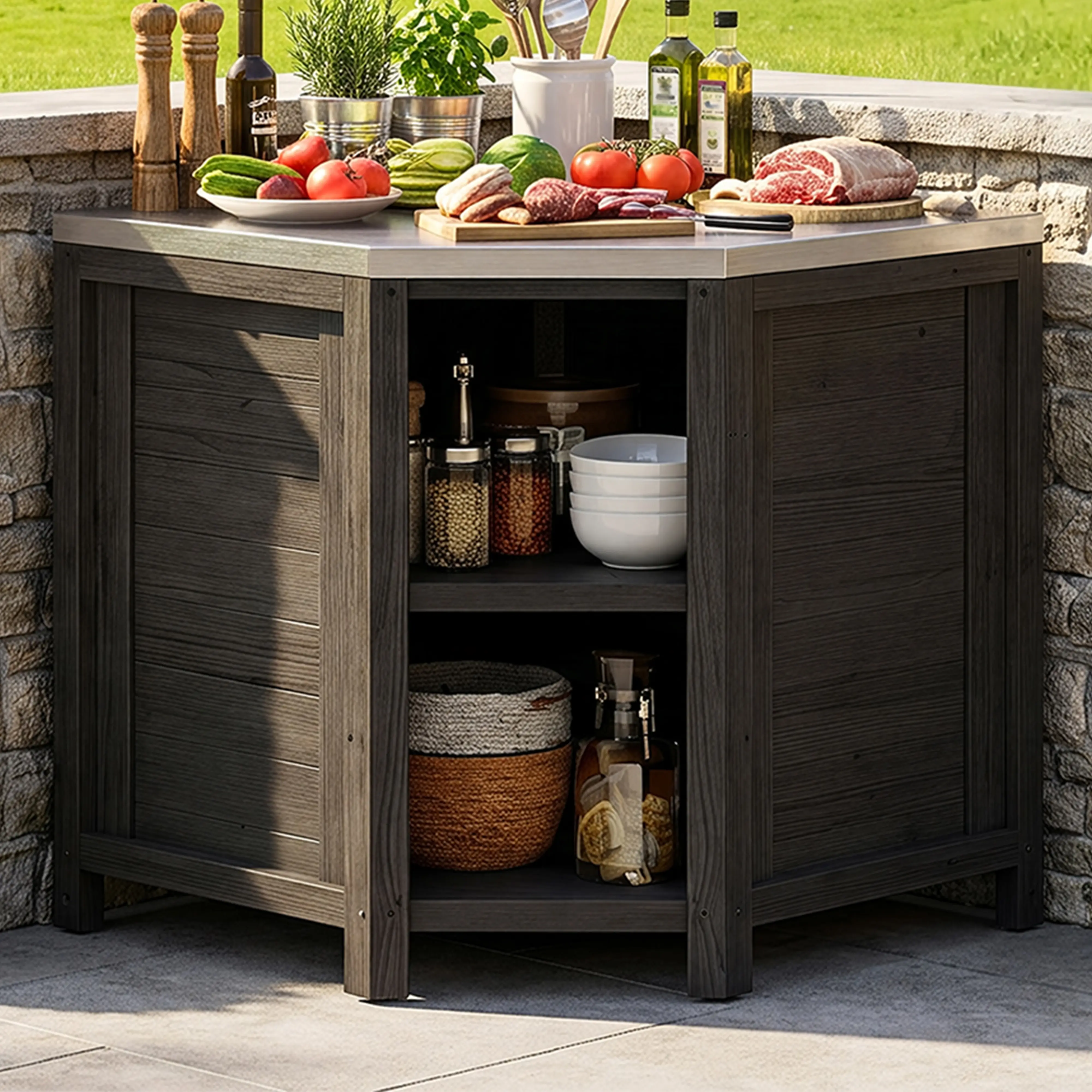 FUFU&GAGA Outdoor Corner Storage Cabinet - Stainless Steel Countertop, 35.4 in Weather-Resistant Patio BBQ Prep Station with Adjustable Shelf, Solid Wood Construction