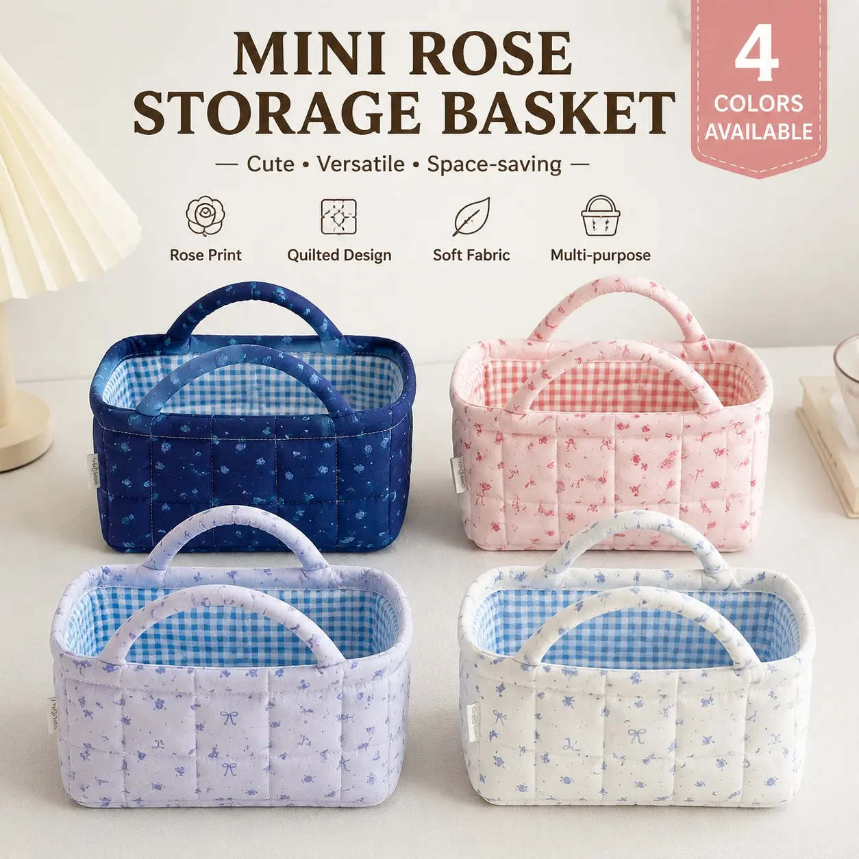Women's Synthetic Small Quilted Handheld Storage Basket, 4 Rose Colors, Plaid Lining, Portable Washable Mini Fabric Organizer - Ideal for Desktop Vanity Makeup & Everyday Small Items Storage handbags