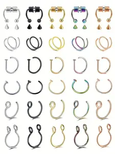 6pcs Women's Stainless Steel Fake Piercing Spiral Nose Ring Set, Non Piercing Lip Ring & Nasal Septum Clip, Punk Fashion Body Jewelry Gifts