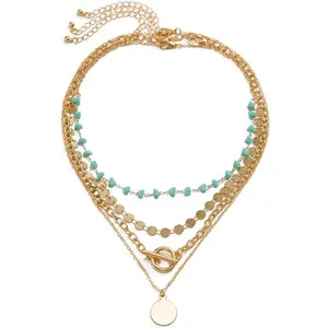 Gold Layered Necklaces for Women Boho Turquoise Stack Necklace Long Y Shape Western Necklaces Bohemian Coin Pendant Necklace For Country Concert Beach Jewelry Gift