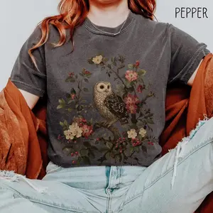 Comfort Colors Dark Cottagecore Owl  Adult Unisex Garment Dyed Tee & Long Sleeve Tshirt, Forestcore Owl Top, Vintage Gothic T-Shirt, Gift for Her