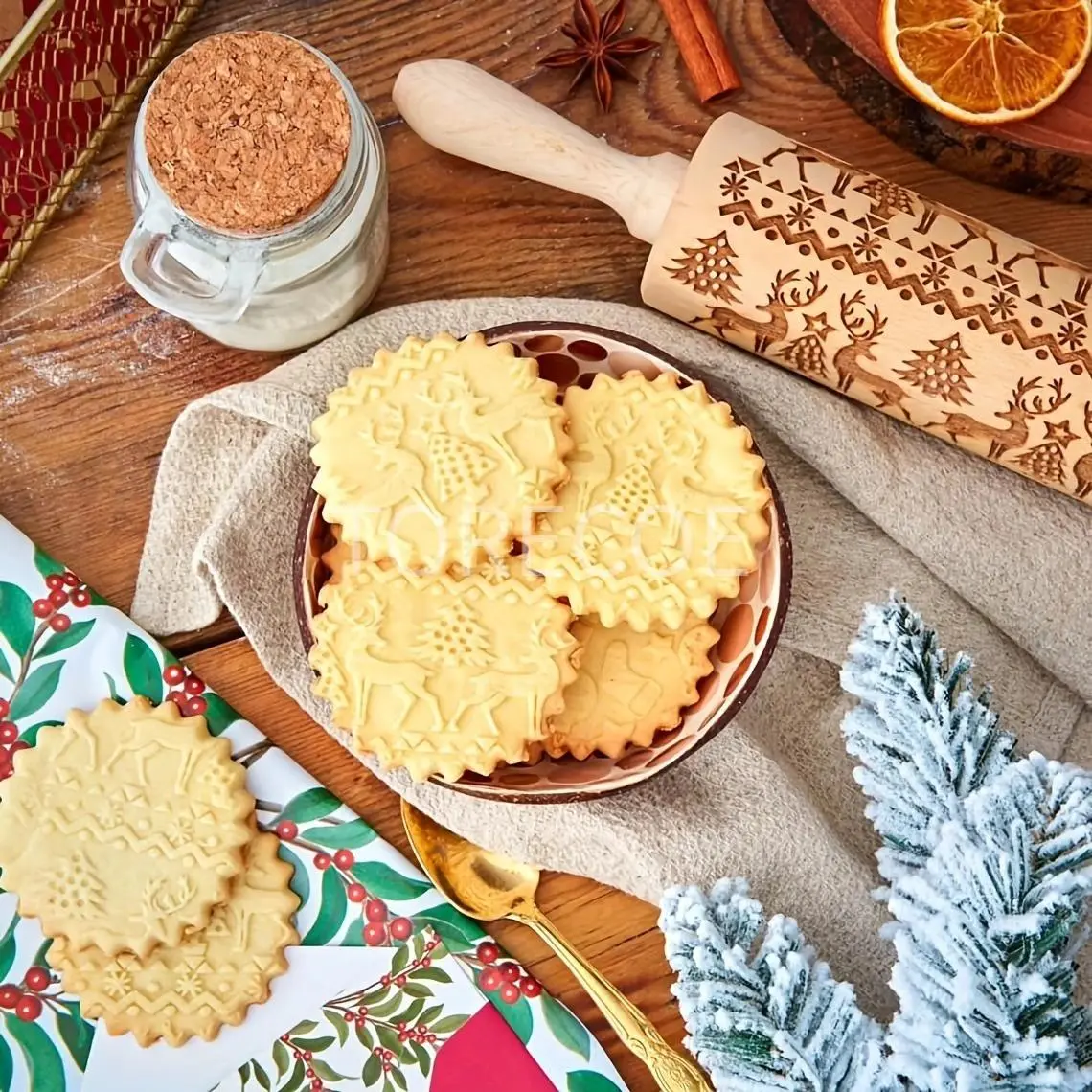 Christmas Wooden Rolling Pins, Xmas 3D Reindeer Shape Decor Embossing Rolling Pin,Christmas Patterned Rolling Pin Baking Tools (Christmas Reindeer)