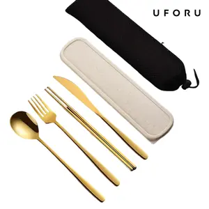 UFORU Portable 4-Piece Gold Stainless Steel Cutlery Set with Storage Case, Reusable Travel Utensils Set Includes Knife, Fork, Spoon and Chopsticks for Camping, Office, School Lunch and Picnic,dealsforyou,midyearsale,dealsforyoudays,  #SummerWins