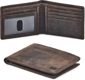 Real Leather Mens Bifold Wallet RFID Blocking Slim Minimalist Front Pocket - Thin & Stylish with ID Window in Gift Box (Crazy Horse, Coffee)