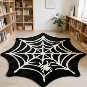 Spider web, spider shaped carpet, black and white contrasting velvet anti-slip wear-resistant floor mat for living room, dark and cool feeling, decoration mat, Home Decorative Rug, Decorative area rug, suitable for Gothic trend home decoration