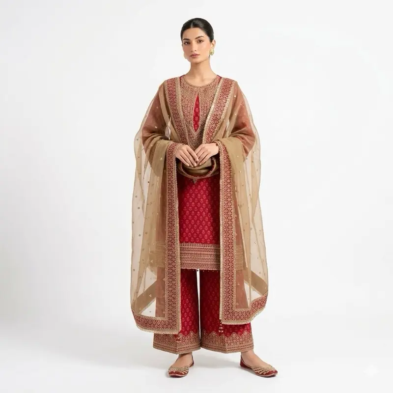 Original Pakistani Salwar Suit for Lady, Floral Embroidered Long Sleeve Maxi Top Set for Casual Wear and Special Events