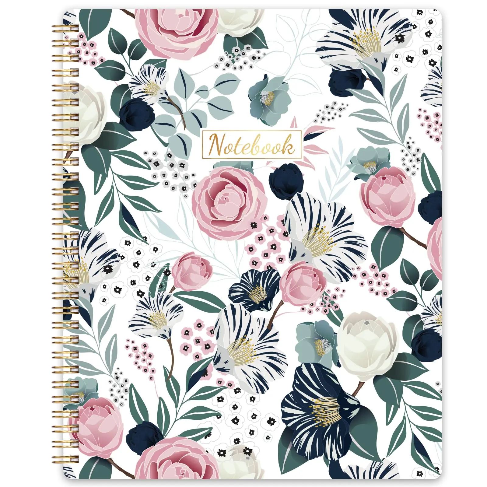 Floral Spiral-Bound Journal Notebook, 8.5" x 11" Academic Notebook with 160 College-Ruled Thick Paper Pages, Back Pocket, Office Stationery, Journaling Supplies