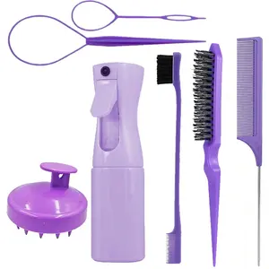 7 Hair Styling Tool Set, Heatless Styling Tool, Spray Bottle for Moistening, Sectioning Loop for Parting, Detangling Brush for Smoothing, Edge Brush for Baby Hairs, Fine-Tooth Comb for Styling, Scalp Massager for Relaxing Care, Home Essentials