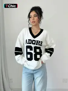 Autumn Winter Color Block V Neck Sweater for Women, Womenswear Casual Loose Knitwear with Letter Design, Trendy Streetwear, Comfortable Long Sleeve Sweatshirt, Tops