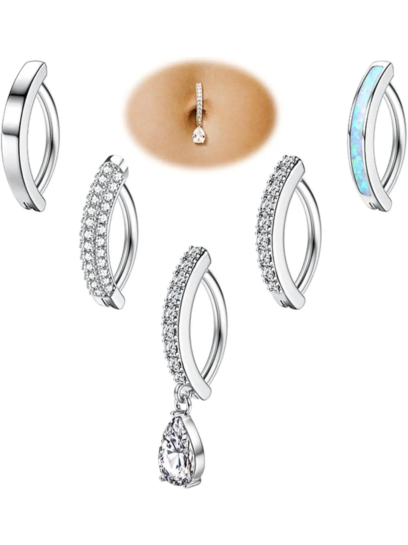 5Pcs Belly Button Ring for Women 14G Short Navel Rings Silver Clicker Belly Piercing Pack Simple Dangle Cute CZ Belly Small Hypoallergenic Belly Button Ring Reverse Piercings Jewelry Body Jewelry Body Jewellery