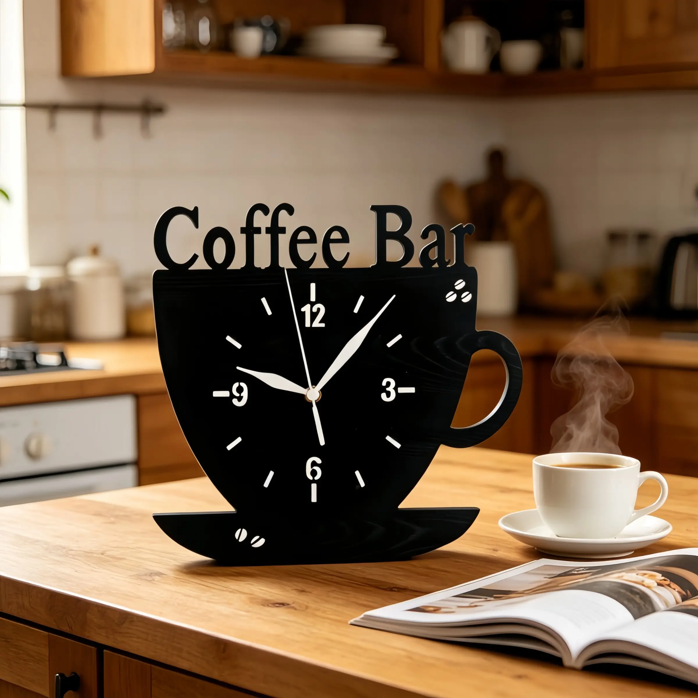 Wooden Coffee Cup Theme Coffee Bar Wall Clock Decorative, Unique Coffee Theme, Creative Simple Wood Grain Design, Home Decor for Living Room, Bedroom, Office, Kitchen, Clocks for Living Room, Home Goods