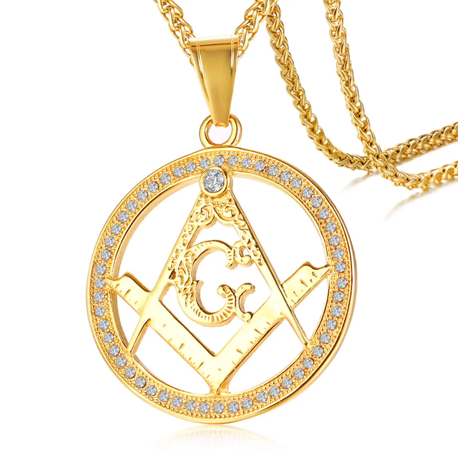 OIDEA Men's Masonic Stainless Steel Pendant Necklace - Rhinestone Compass Gold-Tone Charm, 23.6in Chain, Emblem, Handmade Metal, Majestic, Mechanical Pendant, Chain Jewelry for Fraternal Lodge, Emblem Necklaces, Handmade Metal Necklaces