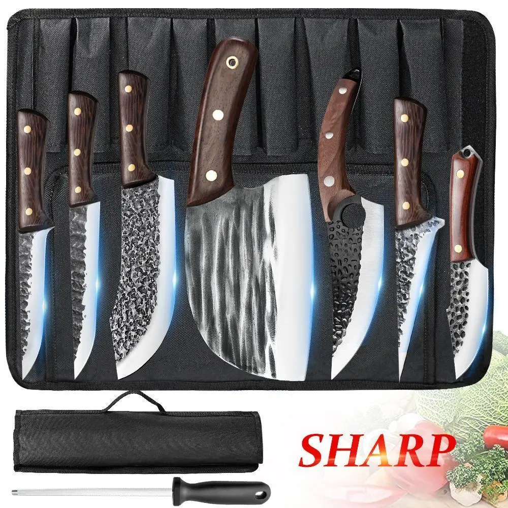 【BackToSchool】8 Pcs Kitchen Knife Set Butcher Knife with Roll Bag, Butcher Knife Set for Meat Cutting, Professional Meat Knife Set, Kitchen Knives Professional, Best Gift