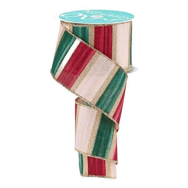 2.5" x 10yd Watercolor Stripes Ribbon - White/Burgundy/Green/Cream/Gold