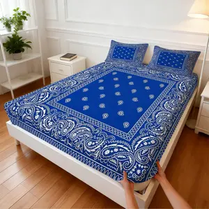 3Pcs American Paisley Bandana Print Fitted Sheet Set, Classic Bandana Pattern Design, Non-slip Fit Skin-friendly Breathable, Ideal for Summer Retro Edgy Bedroom Renovation