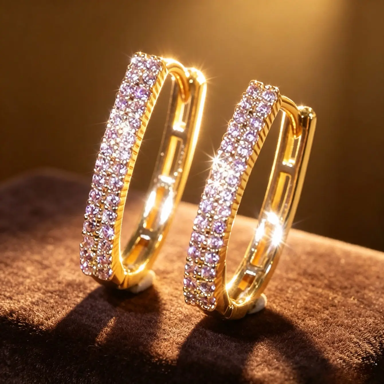 Double Row Paved Stones Hoop Earrings for Women, Sparkly Statement Jewelry with Gold Tone Metal Coating, Trendy Women's Fashion for Everyday & Bridal Wear, Statement Look, Wedding