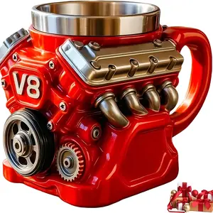 Stainless Steel V8 Style Mug | Ideal for Christmas, New Year, Birthday Gifts, Car Theme, Men'S Gift, Novelty Coffee Mug, Funny Mug, Drinking Cup, Drinkware