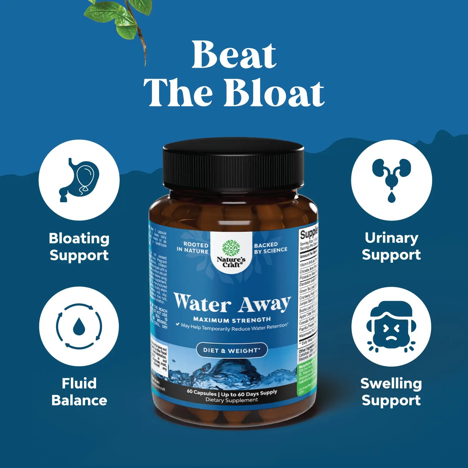 Nature's Craft Water Away Maximum Strength Herbal Diuretic Pills with Dandelion Leaf Extract & Green Tea for Bloating Relief & Fluid Balance Support 60 Capsules Herbal Wellness Blend Natural Wellness Boost