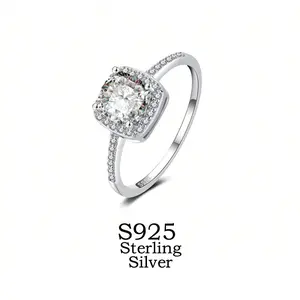 Modern Square Halo Ring in S925 Sterling Silver, Rhodium Plated Cubic Zirconia Jewelry for Women, Anniversary Gift, Geometric Design Ring, Rings