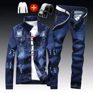 Men's Denim 2-Piece Set with Jacket and Jeans, Stylish Design, Classic Blue Color, Ideal for Casual Wear - Menswear, Clothes.Matching Sets Outfits.Long Sleeve Suits Street Style men's 2 piece set