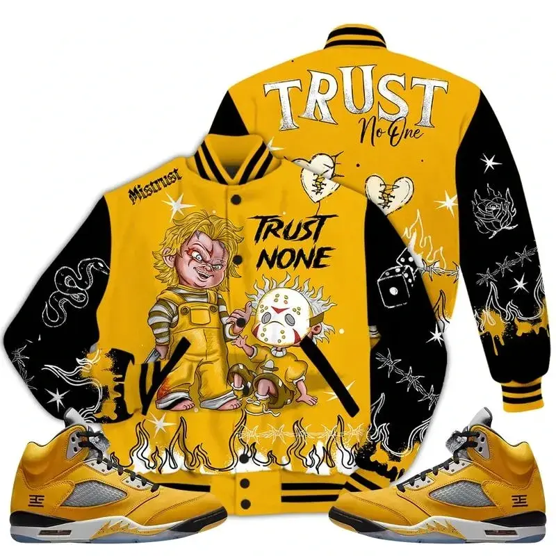 5 Retro T23 Tokyo Varsity Jacket, Maize Wolf Grey 5s Graphic Letterman Baseball Jacket, Classic Sport-Inspired Varsity Outerwear, Retro Streetwear Jacket, Trendy Casual Everyday Wear for Men and Women
