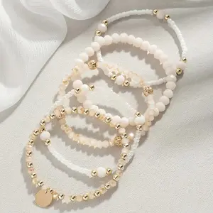 5PCS Boho Faux Pearl & Beaded Stretch Bracelet Set, Vintage Healing Jewelry