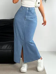 Women's Maxi Skirt High-Waisted Split Light Wash Denim Dress, Slim Fit Long Bodycon Jean Half-Skirt, Casual Style for Women Womenswear Fitted
