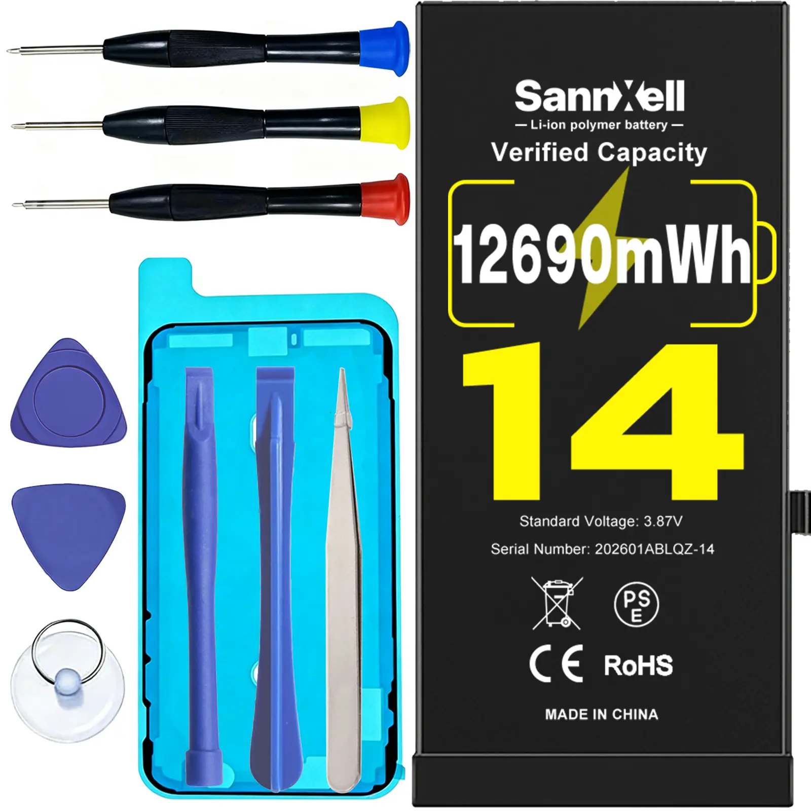SannXell Upgraded High-Capacity Waterproof Aluminum Foil Lithium Battery Pack for iPhone 14 (A2649,A2881,A2882,A2883,A2884) - 12690mWh 3.87V 0-Cycle Replacement Battery with Full Repair Tool Kit, Accessories, Auto Lock Feature, Box for Heavy Users