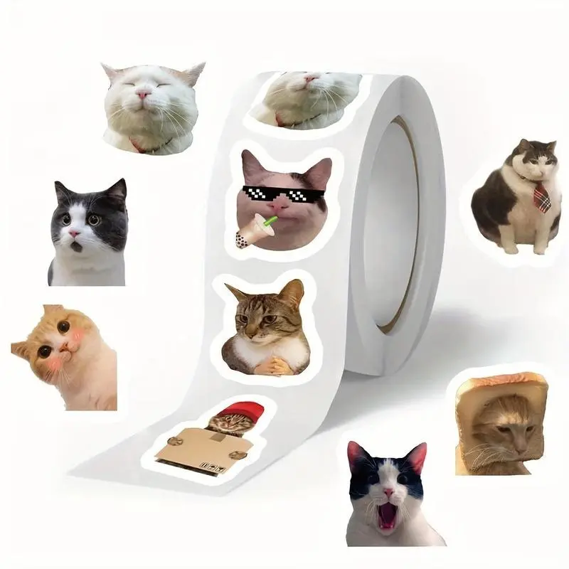 Cat Pattern Sticker, 500pcs/roll Cute Cat Face Expression Sticker, Self Adhesive Decorative Sticker for Gift Greeting Card & Envelope,Christmas Gift Label Sticker,