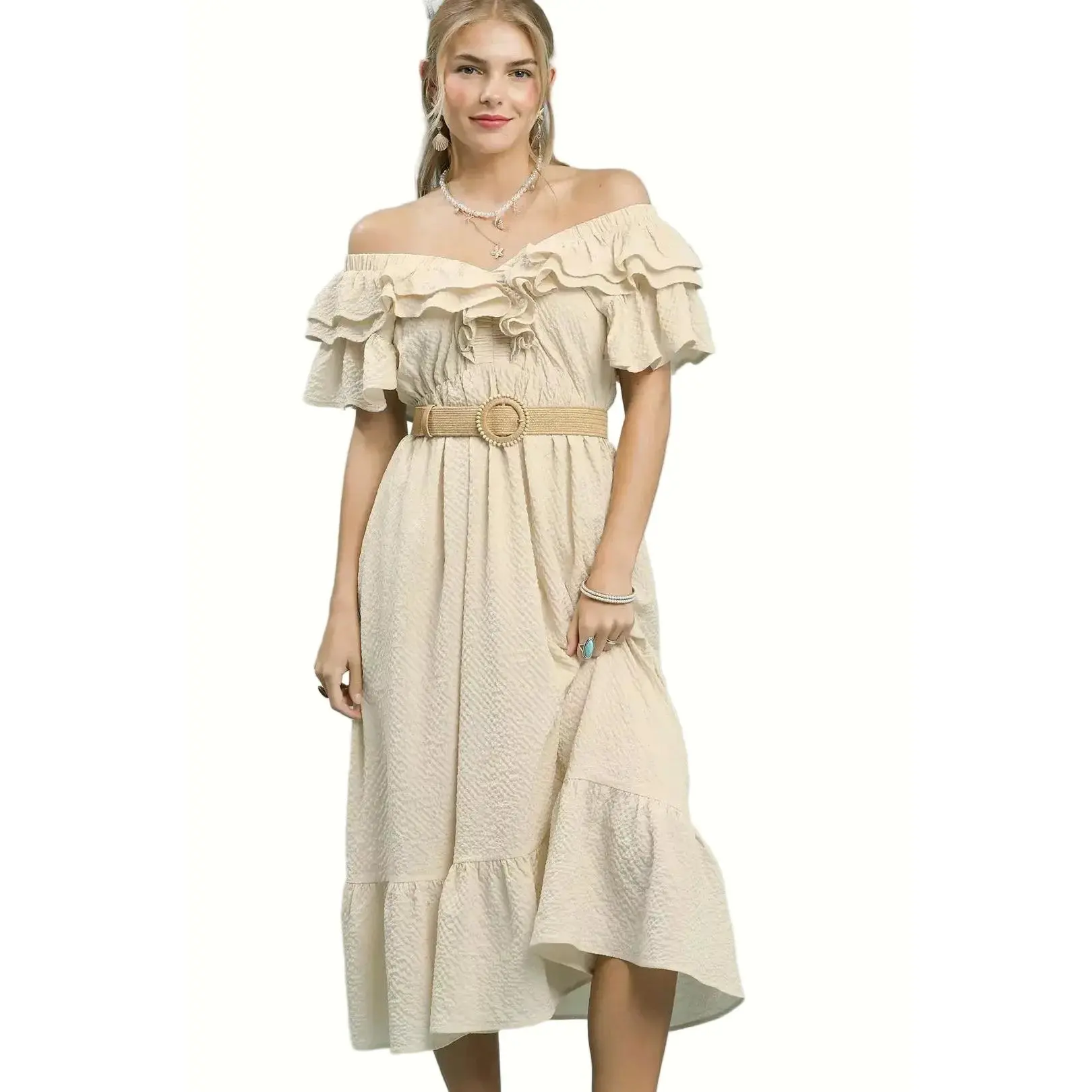 Umgee Tan Ruffle Midi Dress