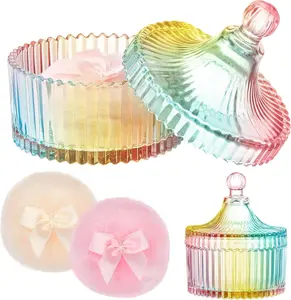Tioncy 3 Pcs Large Body Powder Puff & Crystal Glass Container Set Velvet Soft Reusable Makeup Tool for Wet Dry Application Mother Day Gift