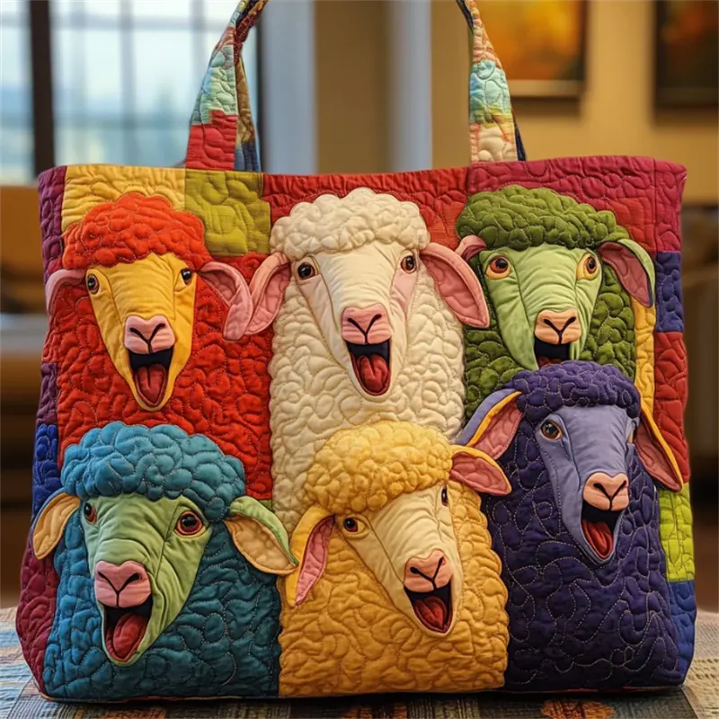 Colorful Patchwork Sheep Head Print Polyester Quilted Shoulder Tote Bag for Women, Animal Art Lovers, Daily Shopping, Weekend Trip, Large Capacity, Soft Sturdy, Cute Cartoon Handbag
