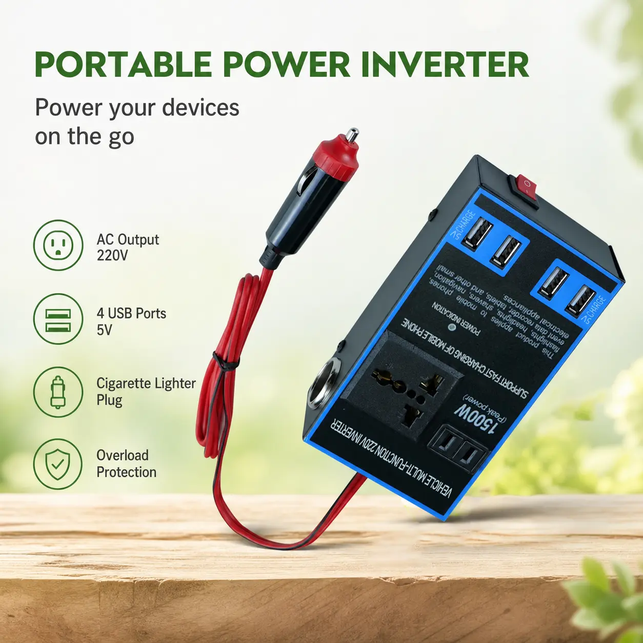 Multi-Function Car Power Inverter - 12V/24V to 220V 1500W Peak DC to AC Converter with 4 USB Ports, Metal Body, Easy Install for Daily Commute Mobile Devices & Small Electronics