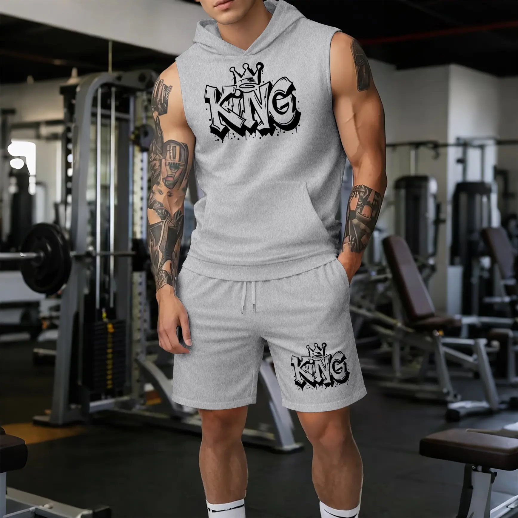 Men’s “KING” Graphic Sleeveless Hoodie & Shorts Set – Crown Graffiti Print Summer Two-Piece Activewear, Lightweight Breathable Casual Gym Streetwear Outfit for Fitness, Training