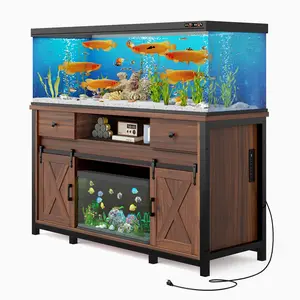 55-75 Gallon Aquarium Stand with Power Outlet – Heavy Duty Fish Tank Stand, Rustic Farmhouse Style, 800 lb Capacity, Adjustable Storage & Sliding Barn Doors, Light Brown