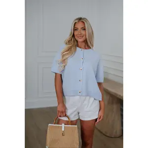 Short Sleeve Sweater Cardigan-Baby Blue