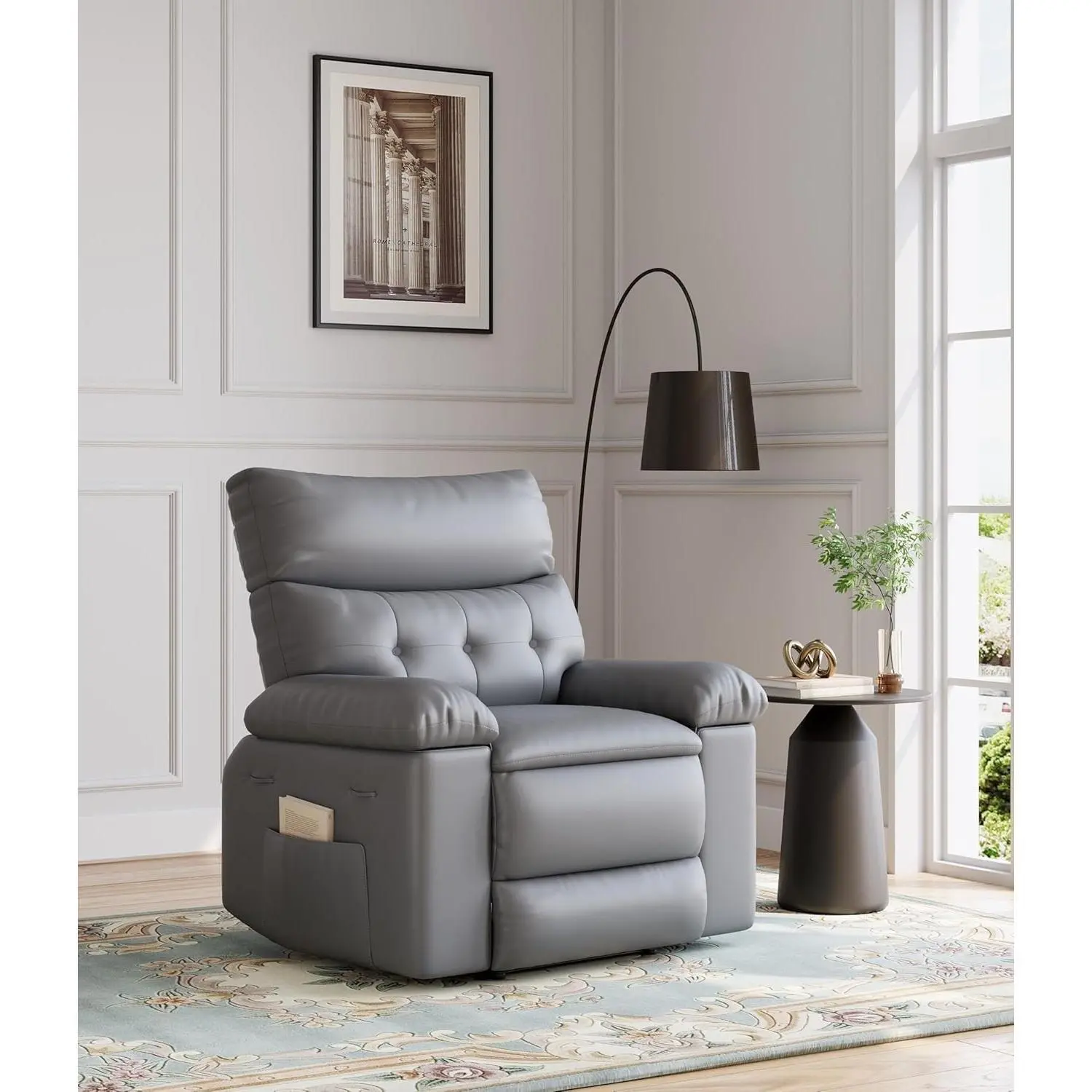 Garvee Faux Leather Oversized Adjustable Reclining Armchair for Adults - 22" Extra Wide Seat Manual Pushback Comfy Lounge Chair, Wipes Clean with Damp Cloth, Side Pocket for Living Room, Grey Chair Recliners, Faux Leather Chairs
