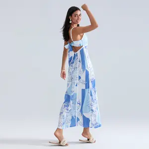 Women Summer Sleeveless Dress Casual Vintage Floral Print Tie Back A-Line Party Dress for Vacation Beach Streetwear Dress