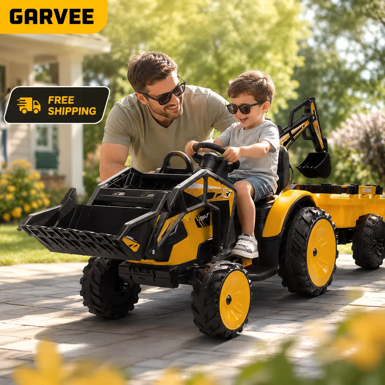 GARVEE 24V/12V 3-in-1 Kids Ride-On Tractor - Electric Excavator Bulldozer Toy, Manual & Dual Control, Remote Control, Pedal Drive, LED Lights, Bluetooth Music, USB, EVA Shock-Absorbing Wheels, 66 Lbs Max Weight, for Kids Outdoor Play, Construction, Bulldo