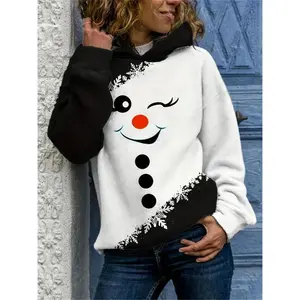 Women's Christmas Snowman Winking Hoodie with Snowflake Contrast Sleeves - Cozy Fleece-Lined Pullover, Machine Washable Winter Sweatshirt for Holiday Parties & Casual Outfits, Seasonal Pullover, Playful Festive Design, Medium Elasticity Fab