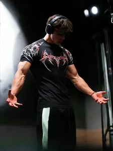 Men Women High Elasticity Short Sleeve Muscle Tee Shirt, Tight Fit Geometric Pattern, Quick-Dry Breathable Sportswear