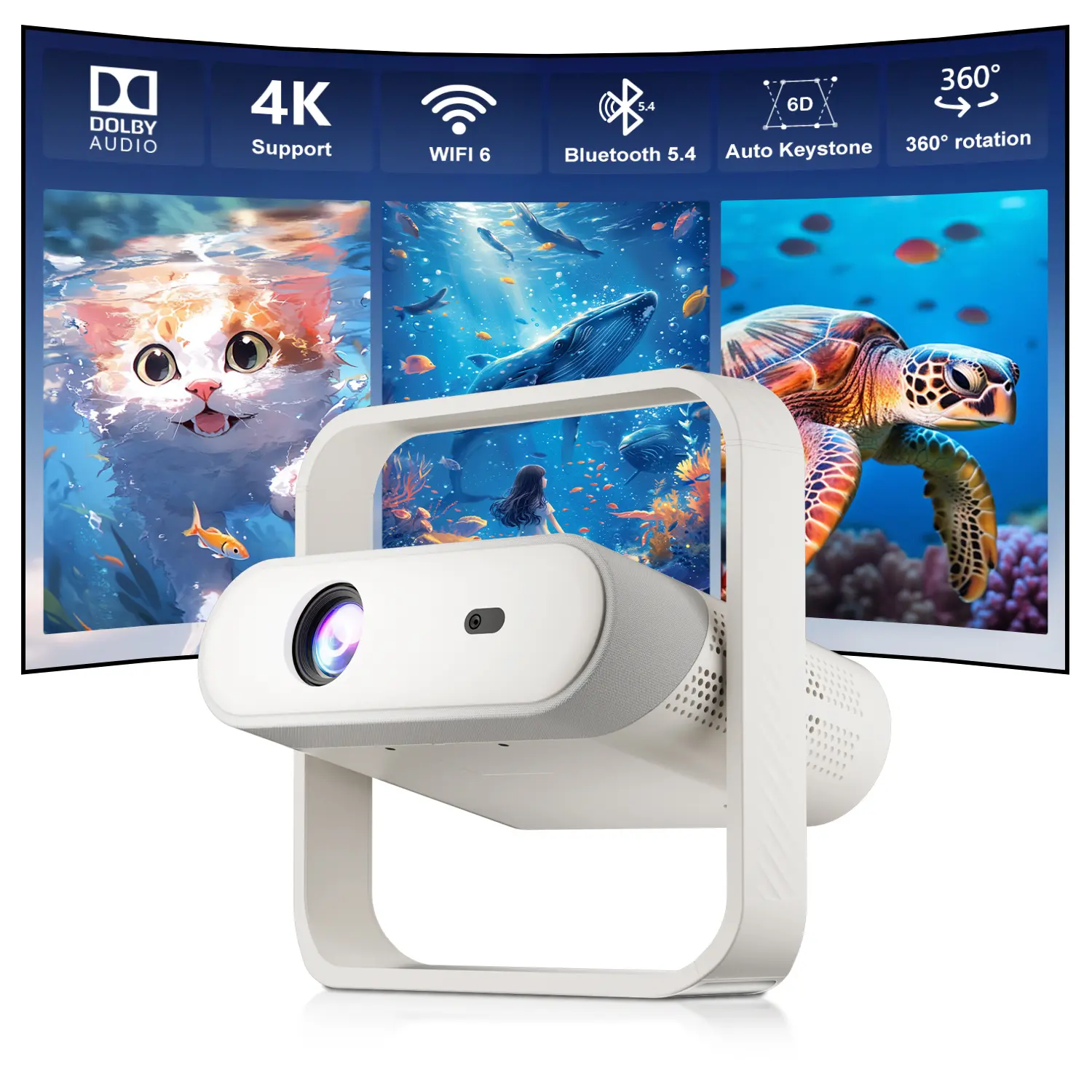 Native 1080P Smart Projector with Dolby Audio,Officially-Licensed APPs,RGB Ambient Light,Compatible with Netflix,Dual-Band 5G WiFi 6 and Bluetooth, Auto focus & Keystone Correction,4K Home Cinema,Portable Outdoor Projector